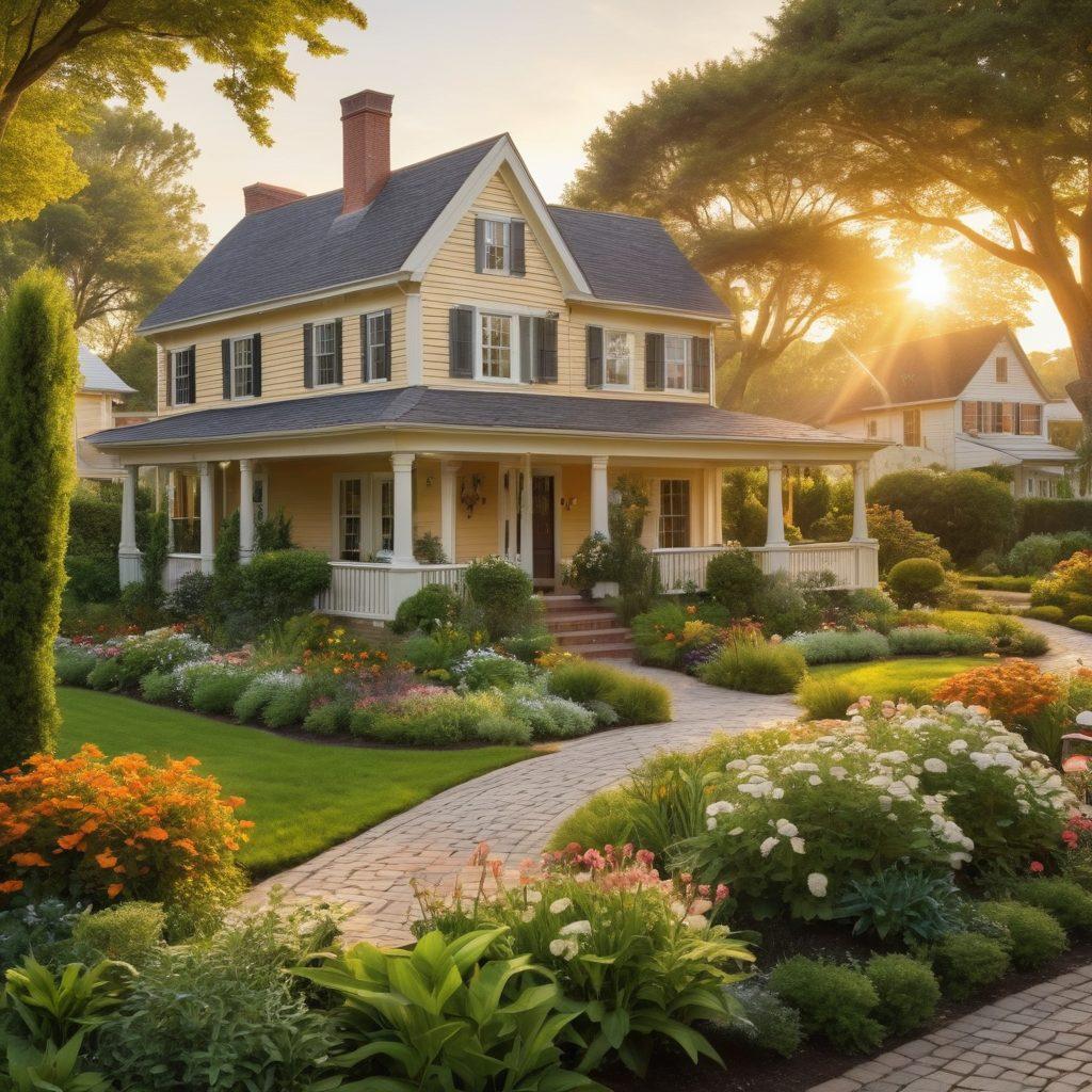 A cozy neighborhood scene with well-kept houses and lush gardens, featuring a family happily enjoying their yard while an insurance agent discusses a policy in the foreground. Vibrant colors, emphasizing safety and community, with a warm sunset in the background. Illustrate elements of protection like a shield subtly incorporated into the landscape. super-realistic. vibrant colors. warm tones.
