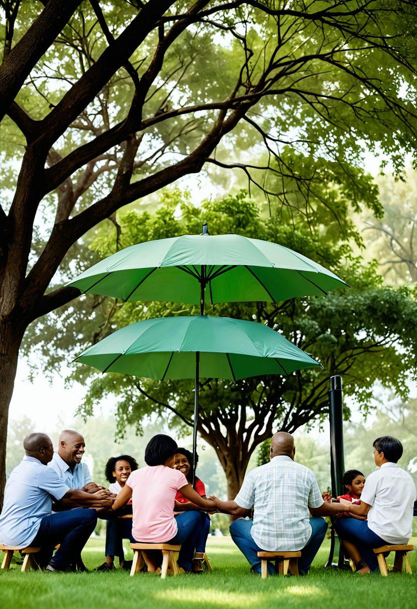 A community gathering in a serene park, families of diverse backgrounds sharing laughter and joy, surrounded by comforting symbols of protection like a sturdy umbrella, a shield, and a heart shape intertwined with greenery. The scene conveys warmth, safety, and unity, fostering a sense of cherishing loved ones and the importance of insurance. super-realistic. vibrant colors. soft focus.